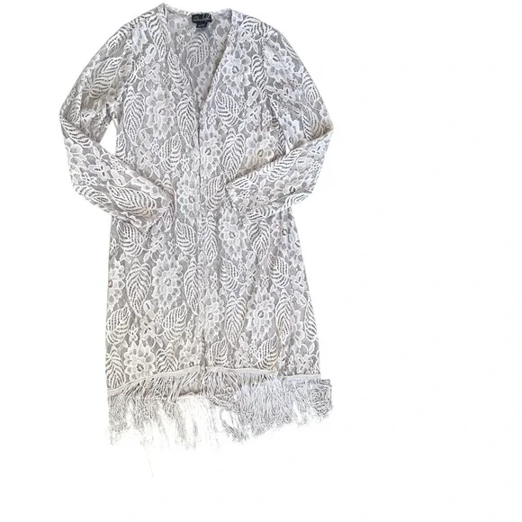 Questions Tan Long Line Feminine‎ Romantic Boho Fringe Lace Cardigan/Jacket ~ L - Picture 5 of 16